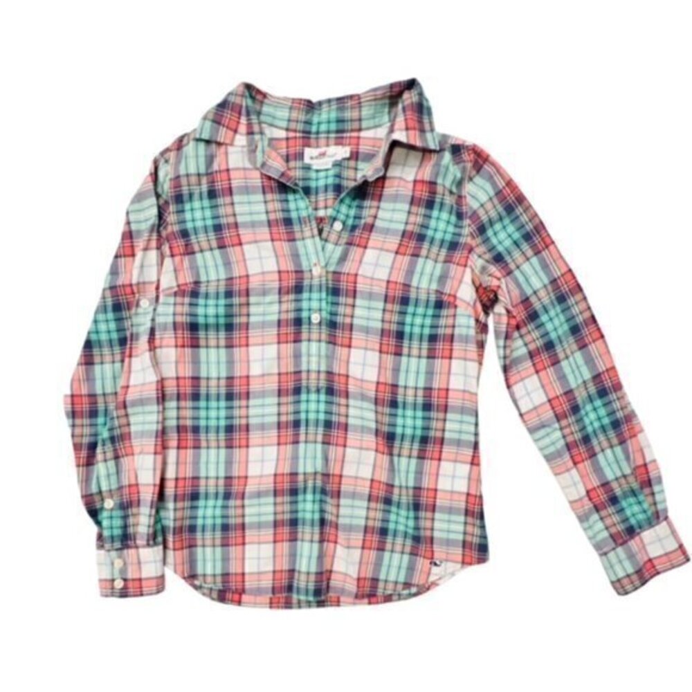 Vineyard Vines Shirt Womens Size 0 Colorful Plaid Whale Preppy Casual Ladies Top
